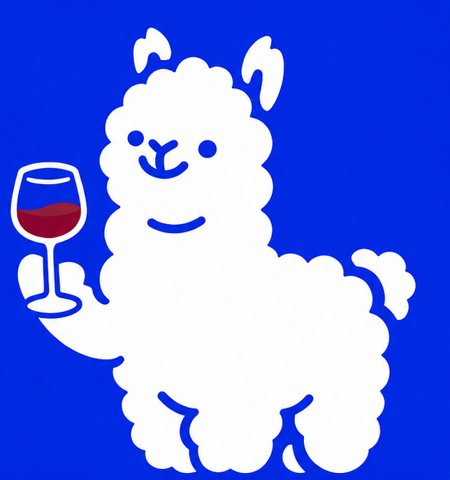 Paco the llama, holding a glass of red wine